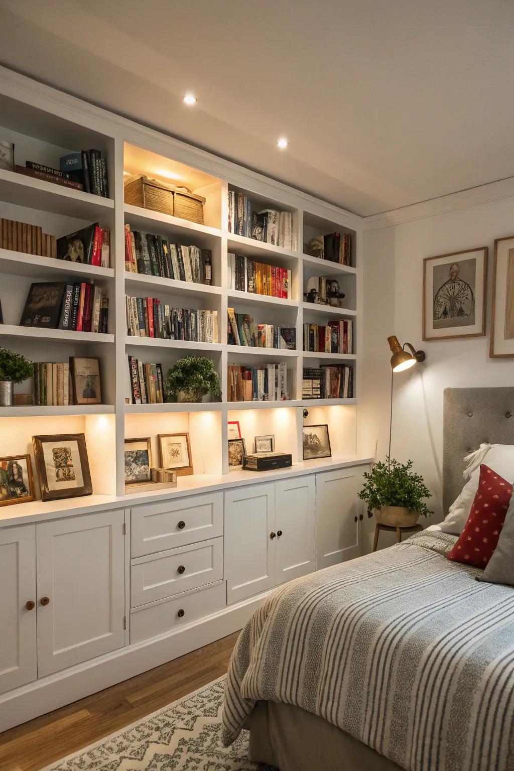 A bedroom with built-in shelving.