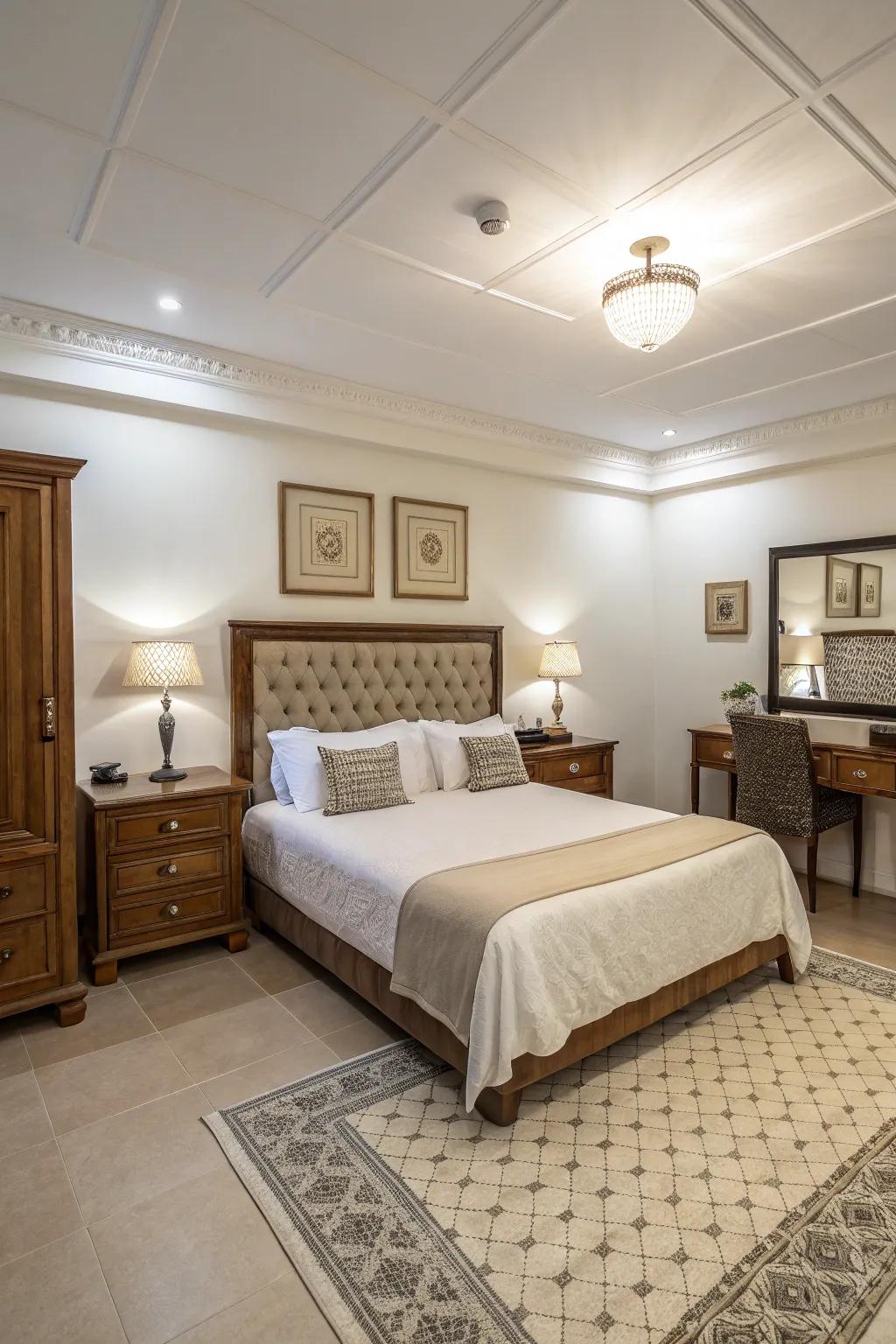 An expansive bedroom with symmetrical furniture arrangement for a balanced look.