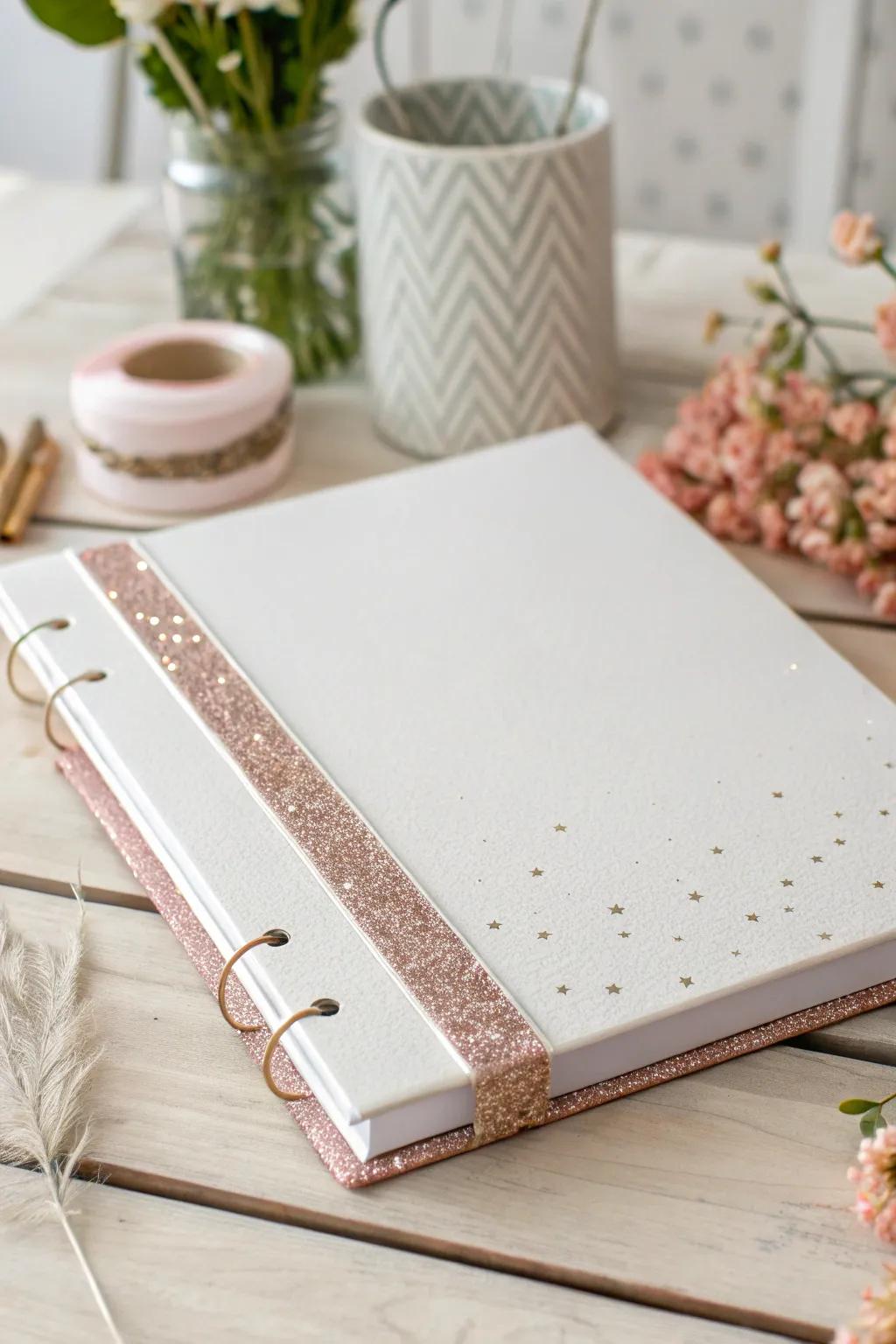 Add a touch of sparkle to your workspace with this elegant glitter-accented binder.