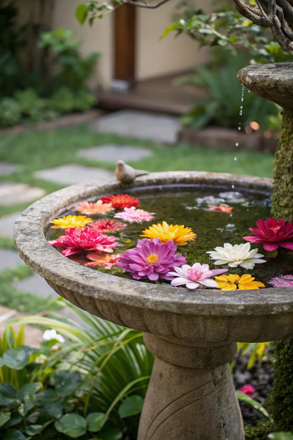 A bird watering spot embellished with drifting blossoms for a trace of sophistication.