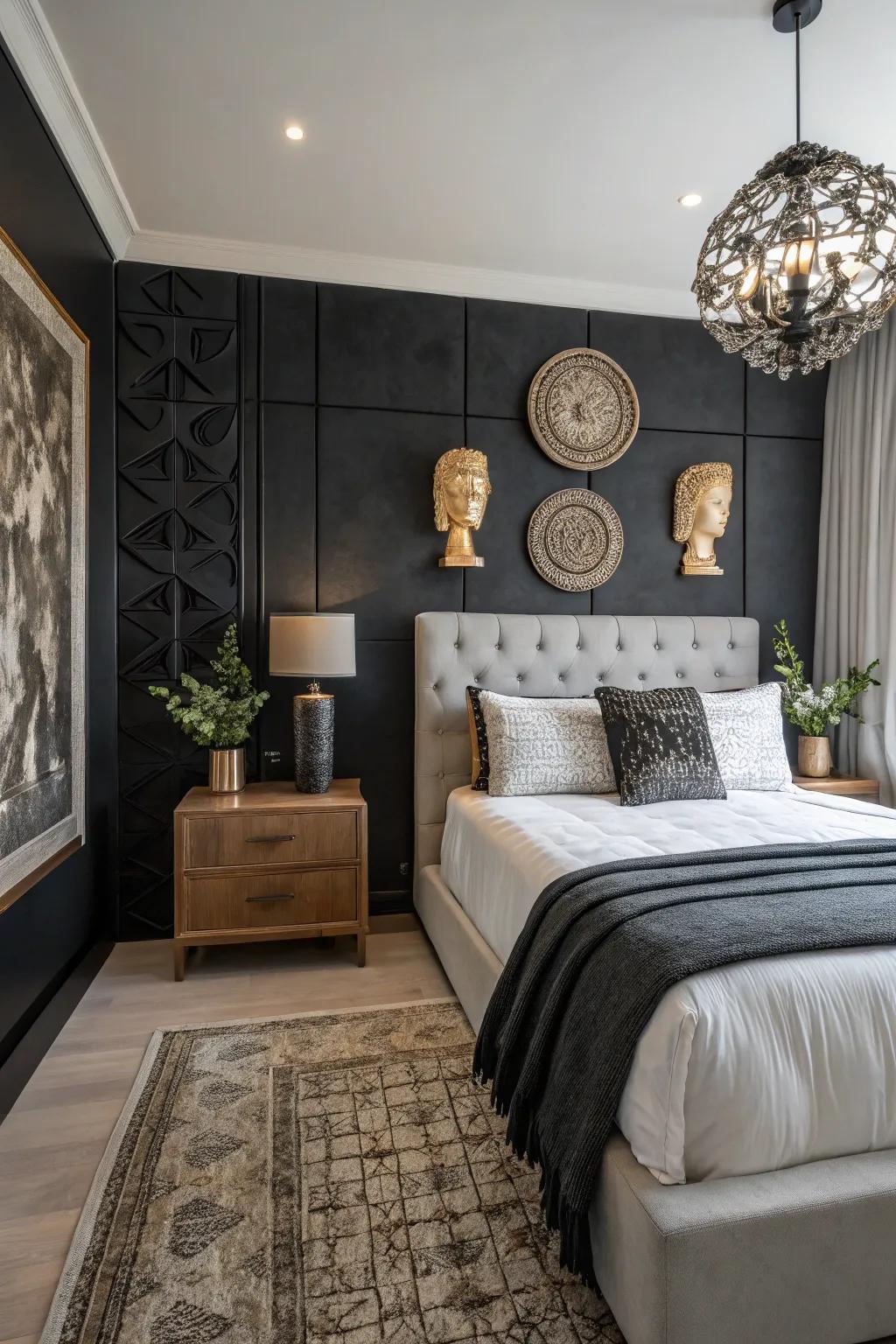 Sculptural decor makes an artistic impact against a black statement wall.