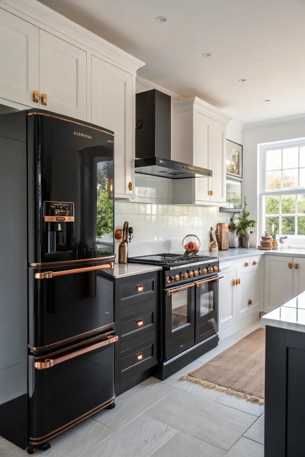 Appliances trimmed with copper unite the kitchen&rsquo;s design, culminating in a harmonious presentation.