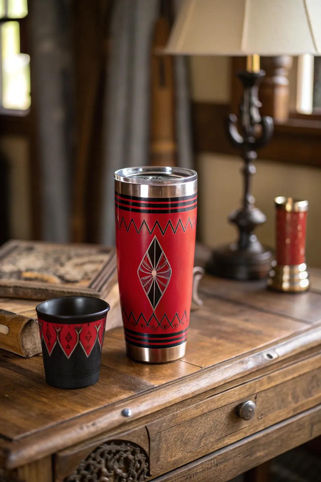Classic vintage motifs in crimson and onyx for a retro flair.