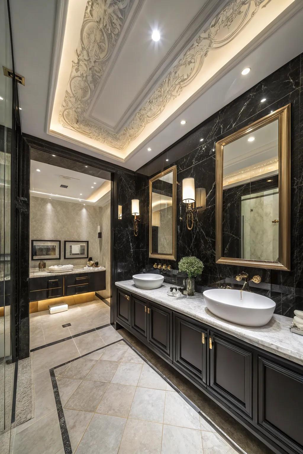 An ebony ceiling contributes unforeseen beauty and depth.