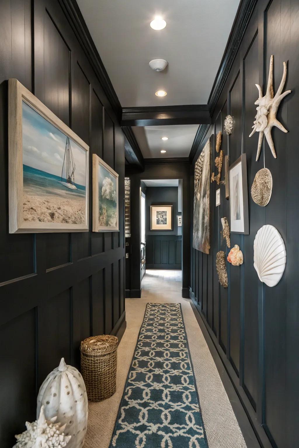 Themed decor fuses every element of a dark entryway.