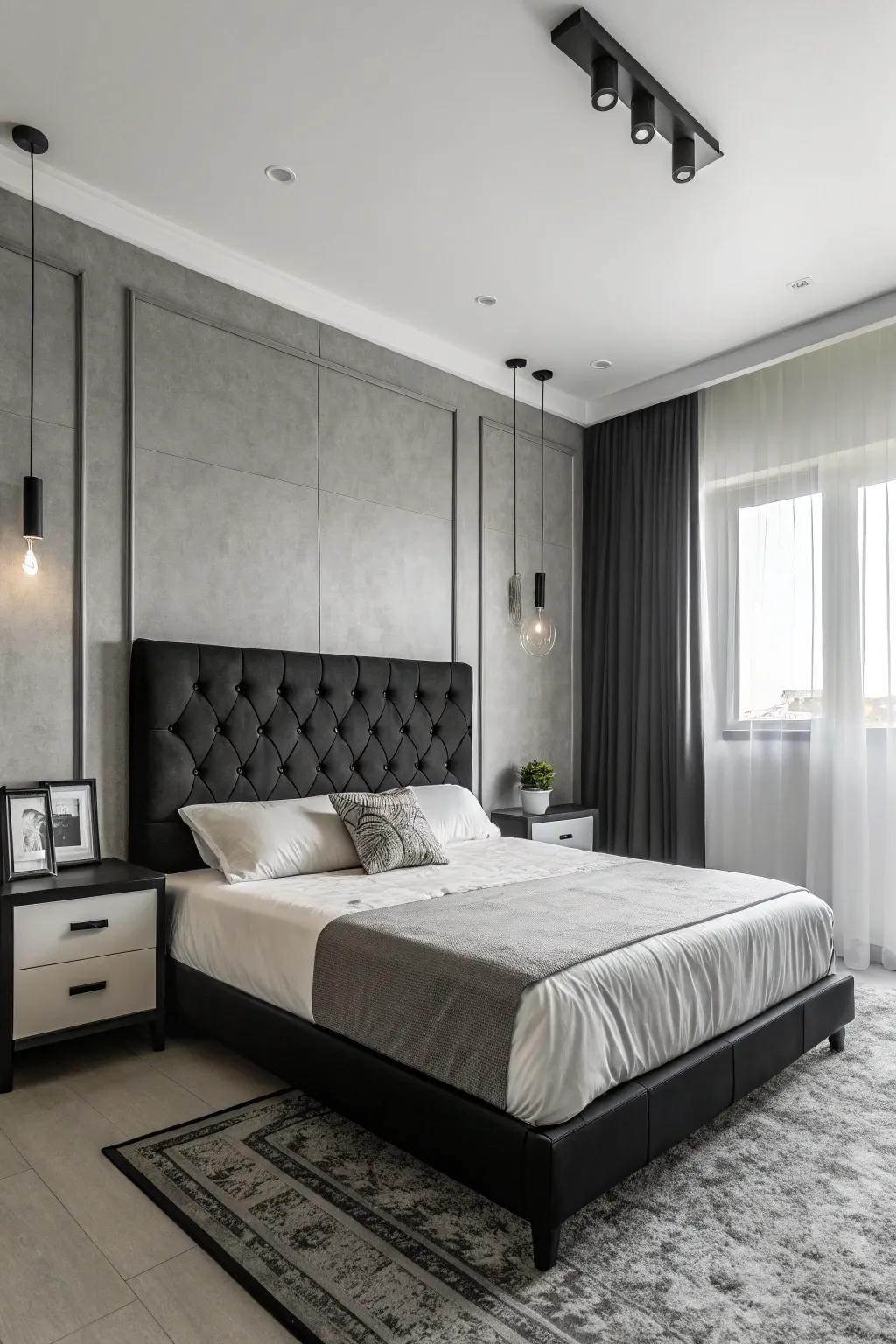 Chic bedroom featuring a monochrome palette and dark headboard