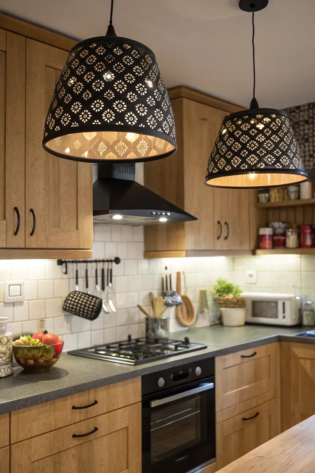 Patterned onyx fixtures introduce a playful touch to the kitchen.