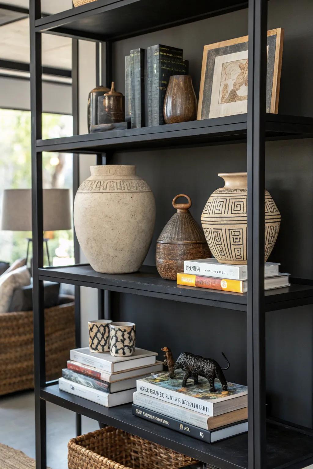 A blend of large and small design elements fashioning visual interest on a dark shelf.