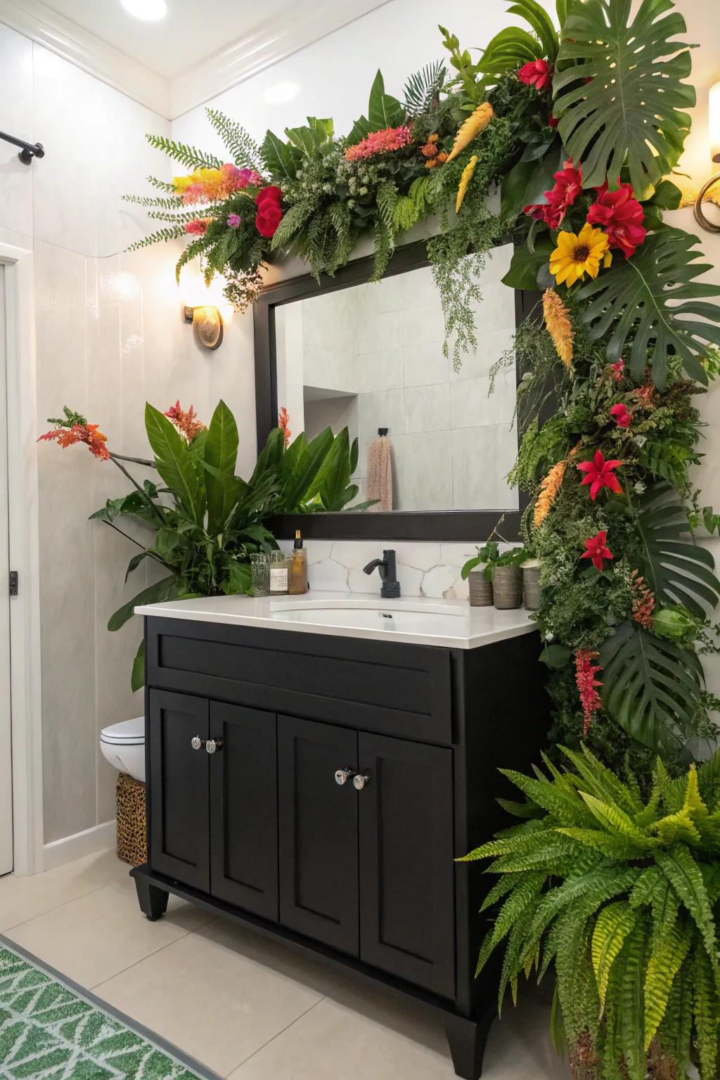 Greenery decor brings a vibrant and refreshing element to a dark sink console bathroom.