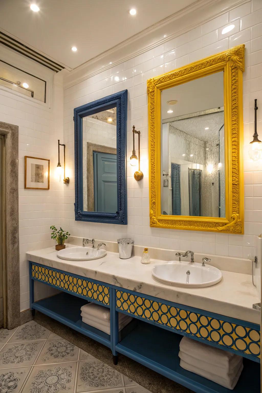 Mirrors with colored frames enhance light and space in the bathroom.