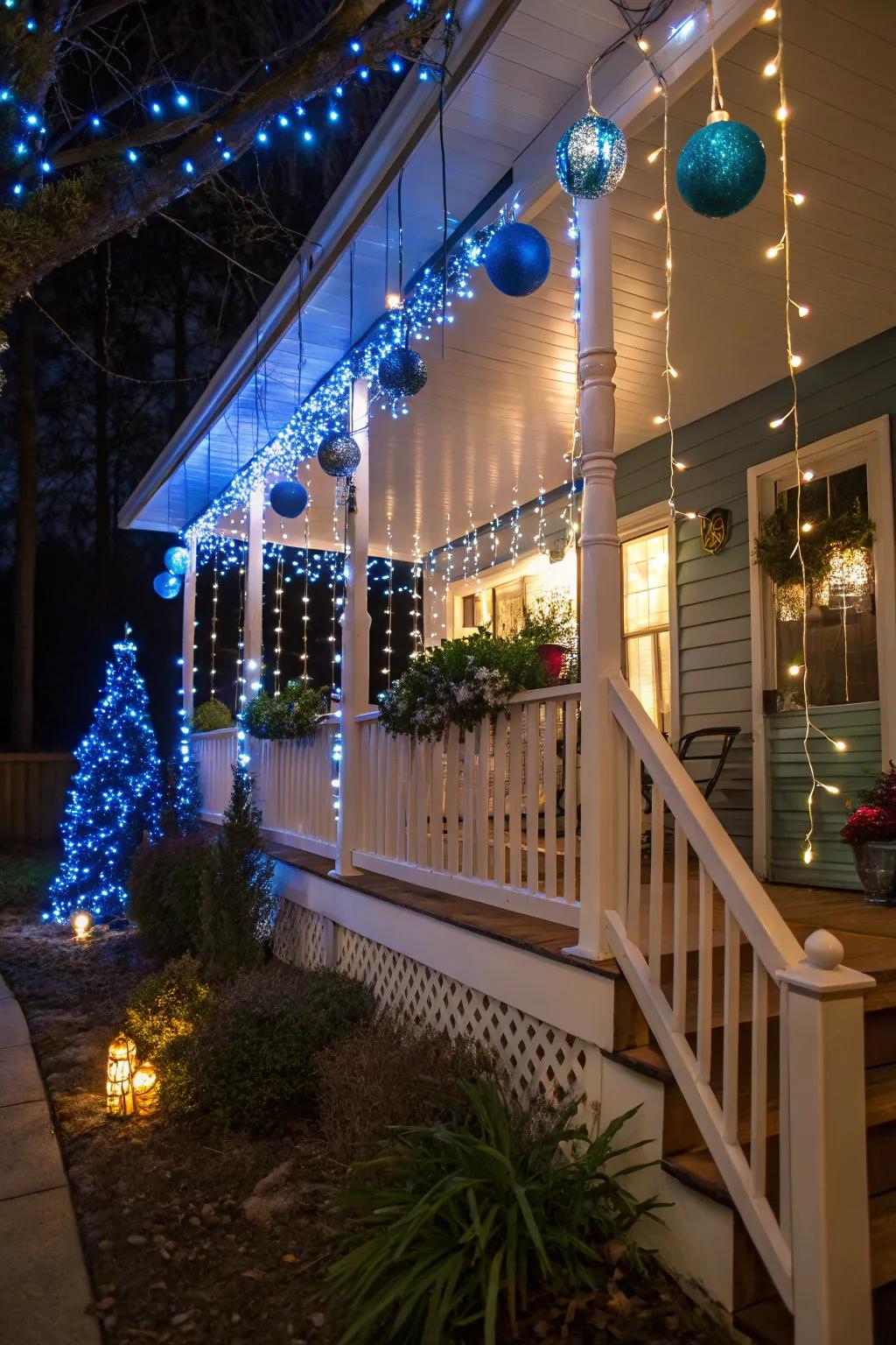 Cheerful adornments on a porch in shades of blue and white