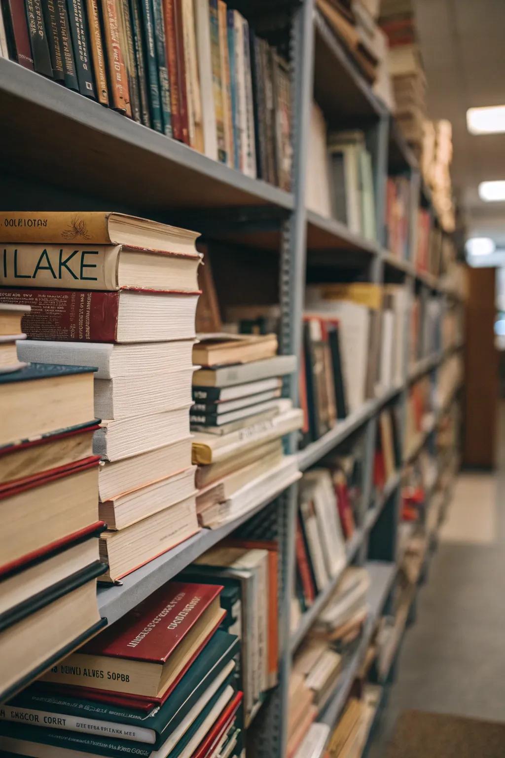 Dynamic book piling adds variety and interest to a bookshelf.