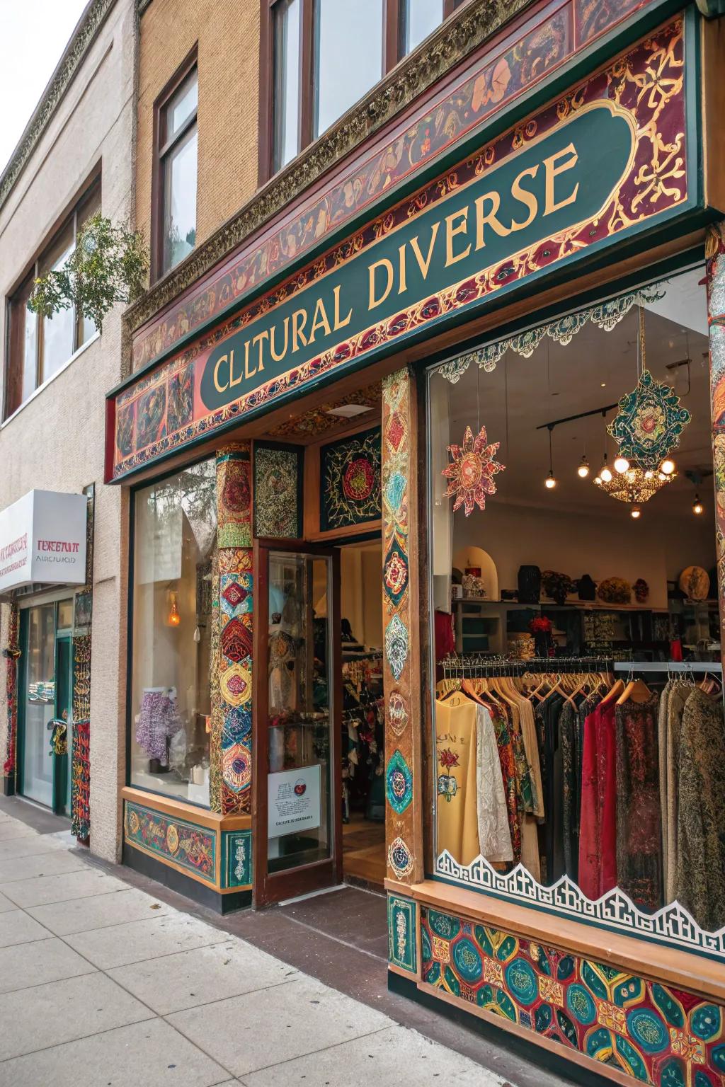 A culturally infused sign that reflects a boutique's inclusive spirit.
