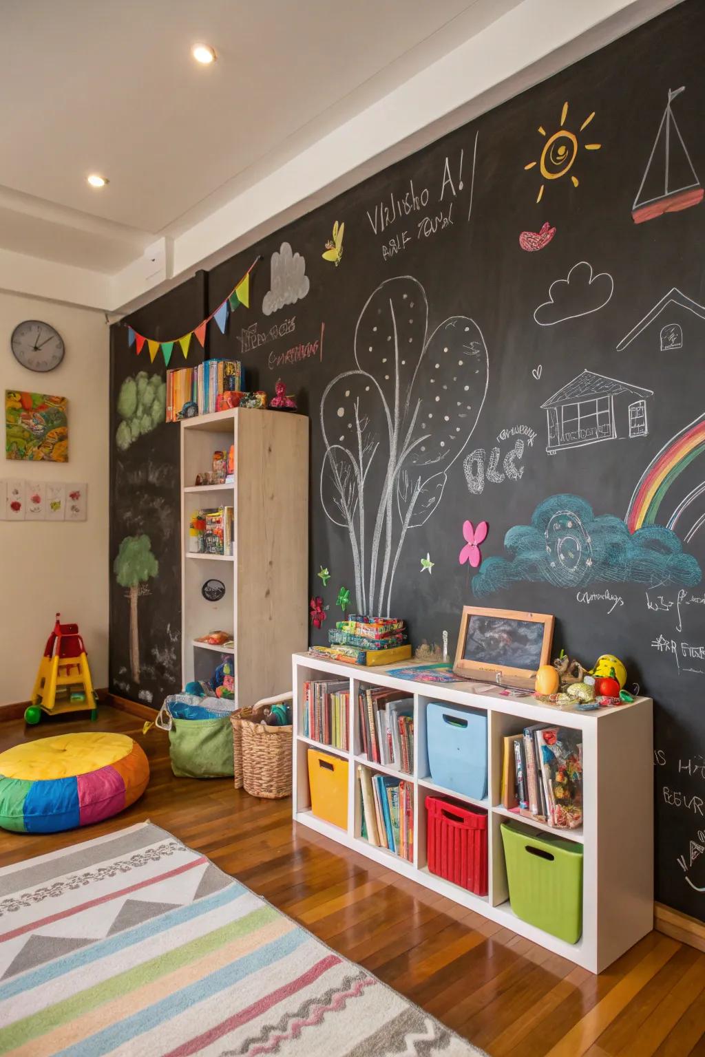 A chalk wall offers an interactive and ever-changing creative outlet.