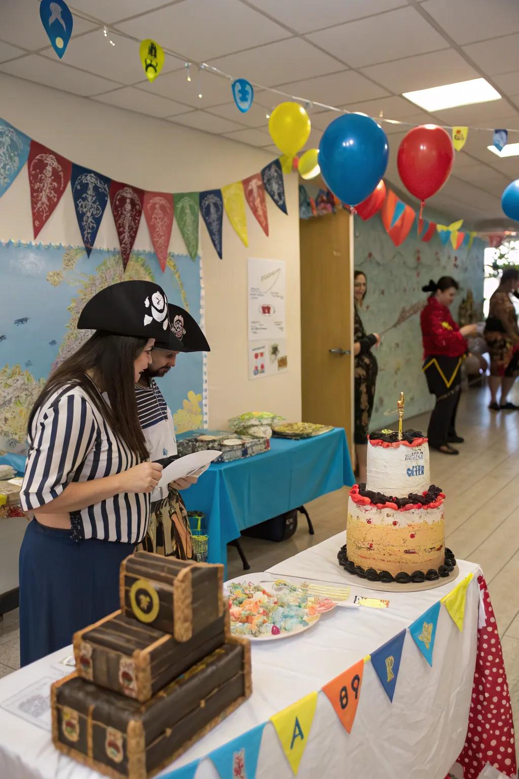 A pirate-themed baby shower featuring adventurous and treasure-filled items