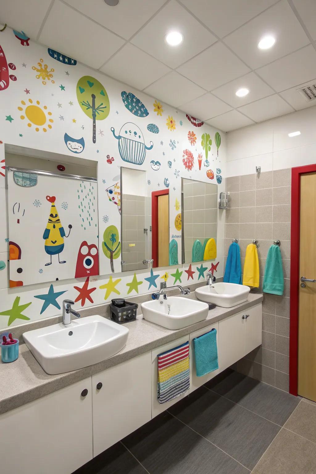 Brilliant wall graphics animate a boys' bathroom.