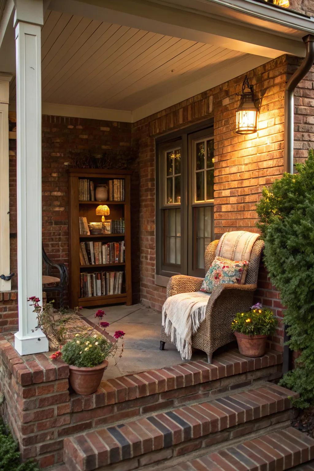 A cozy book nook provides a tranquil escape on this welcoming porch.