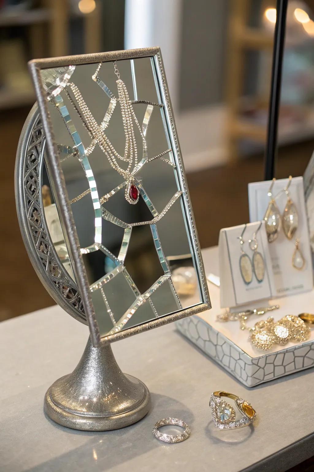 A display intended for mirror jewelry constitutes both usefulness and attractiveness.