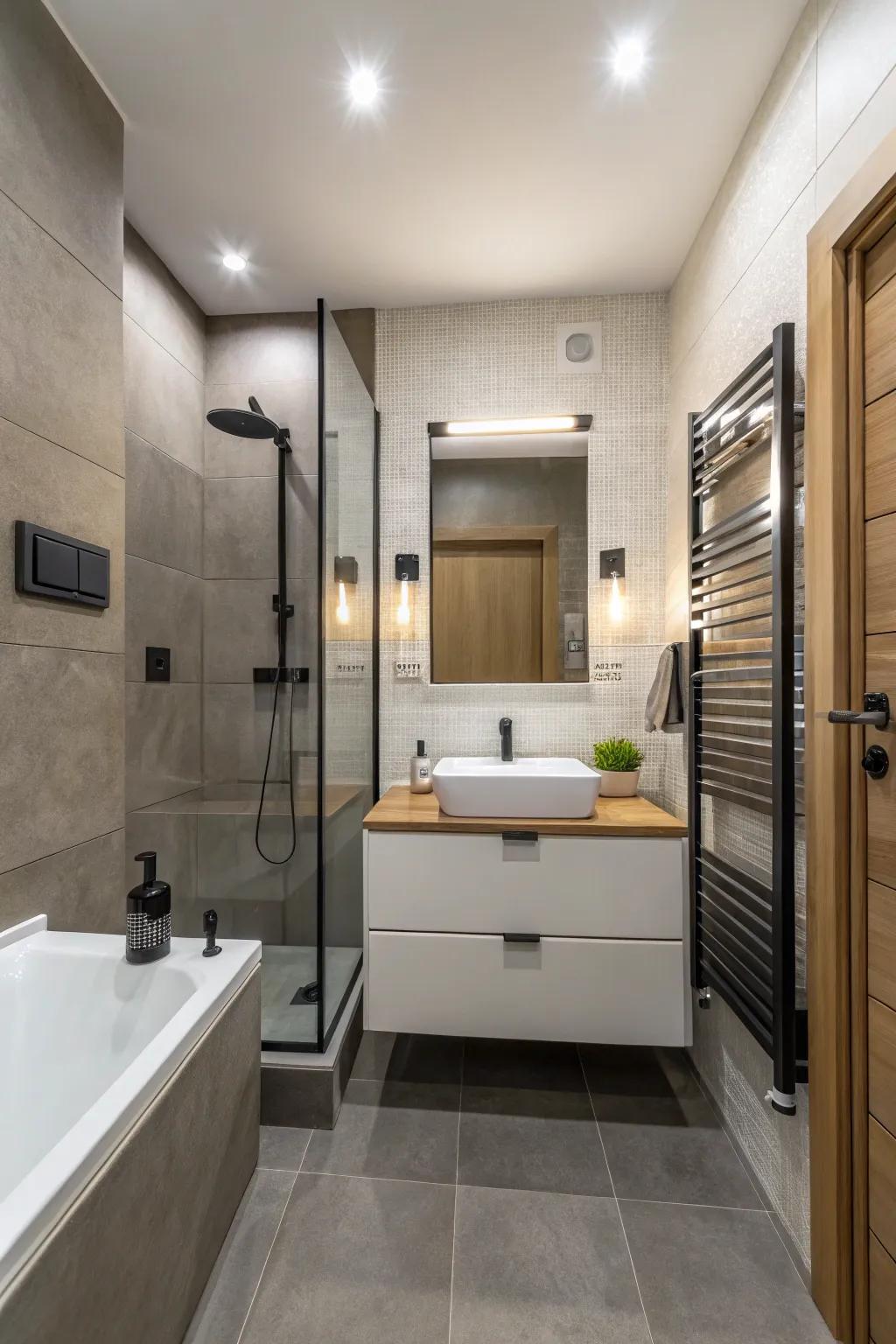 This small bathroom has a sleek appearance thanks to the wall-mounted fixtures.