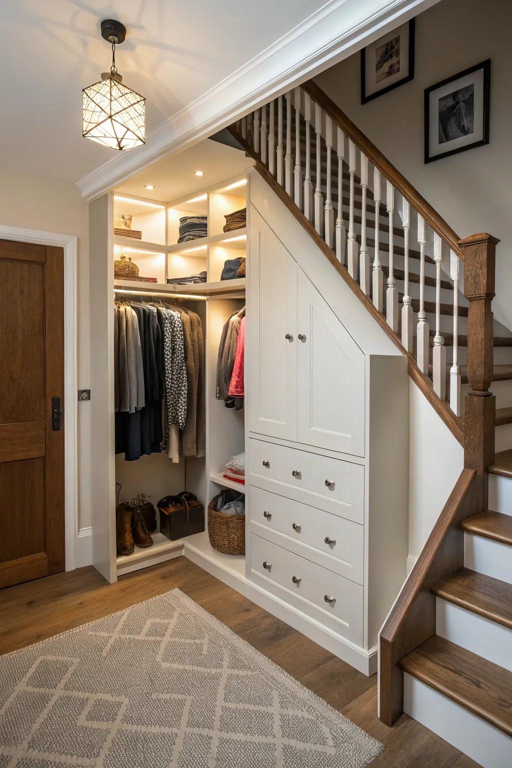 A beneath-stair wardrobe sagaciously harnessing expanse throughout a compact abode.