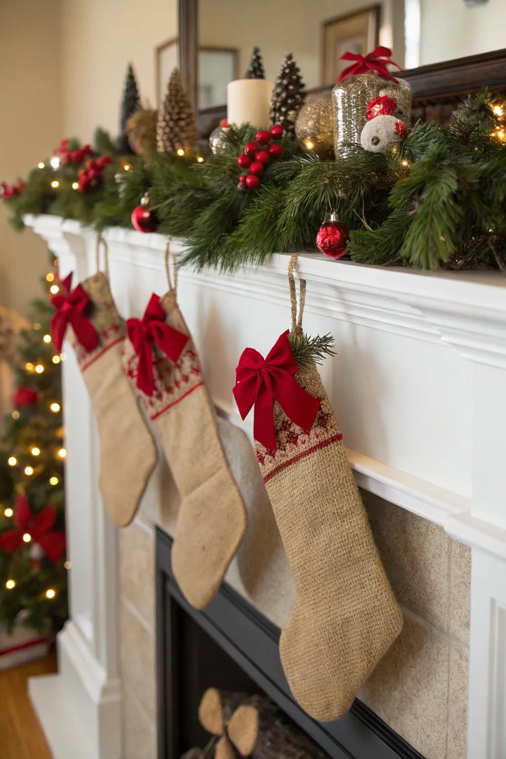 Hessian adds a rustic flair to holiday mantels.