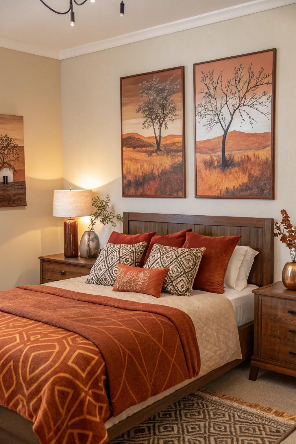 Layered art, bathed in burnt orange and brown hues, creates an intimate and personalized gallery.