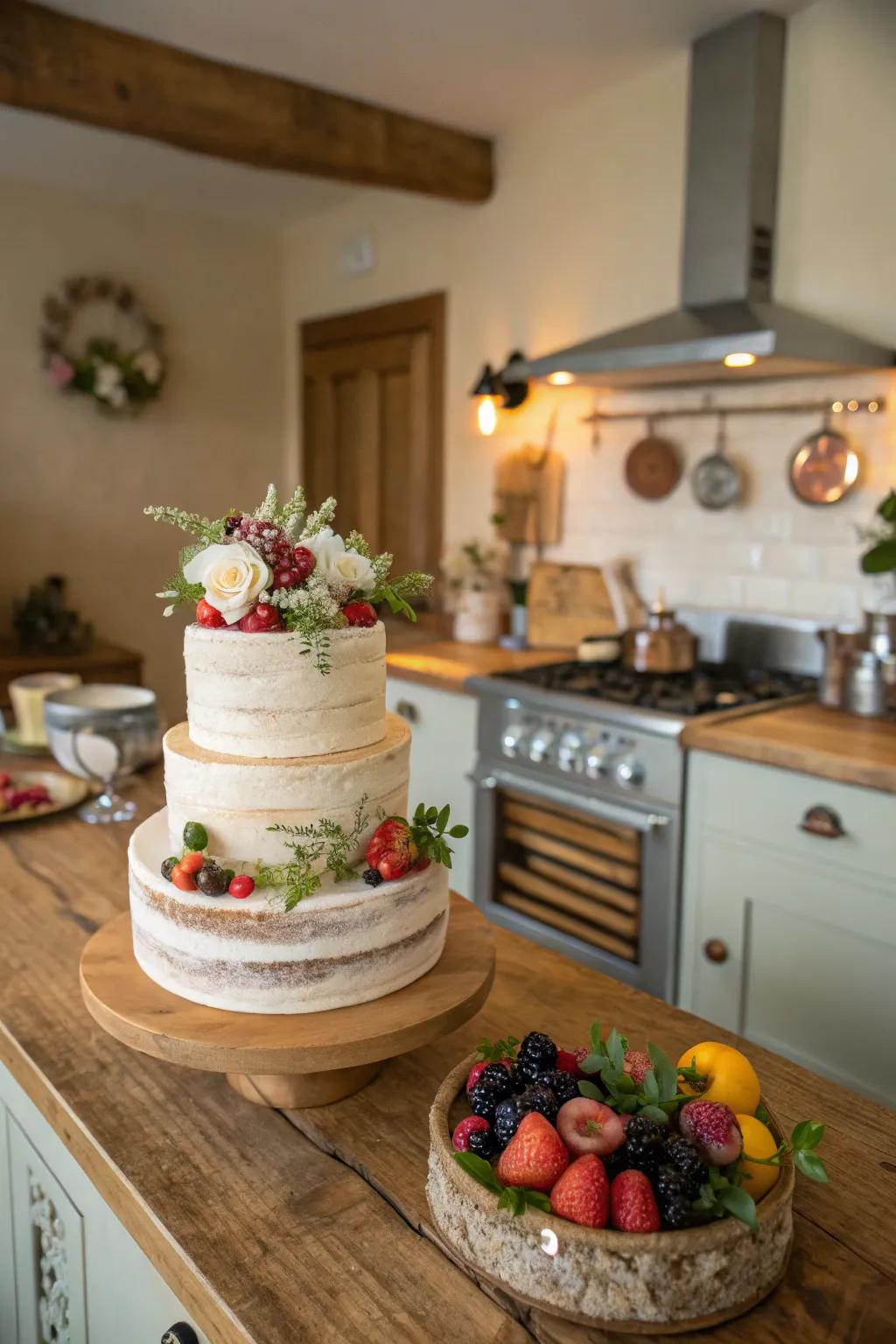 Simplicity and elegance coalescing in a rustic exposed buttercream cake