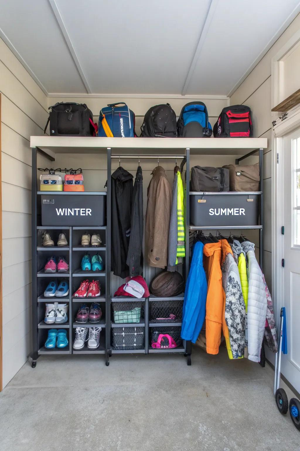 A equipment rotation system maintains seasonally relevant objects within easy reach.