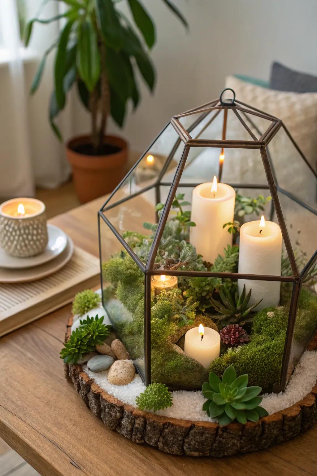Candlelit terrariums blend nature and light beautifully.