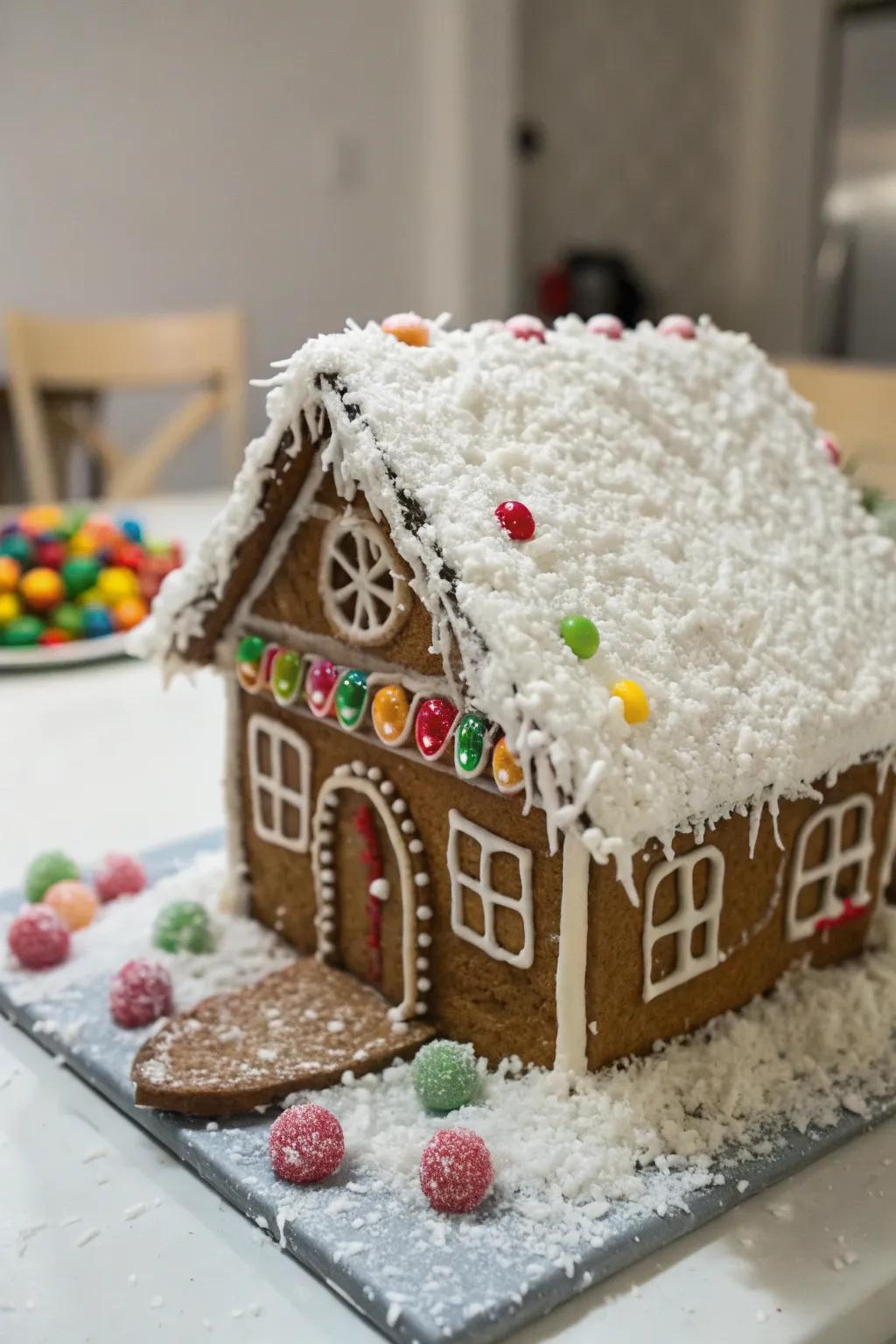 A snowy roof created with a sprinkle of shredded coconut.