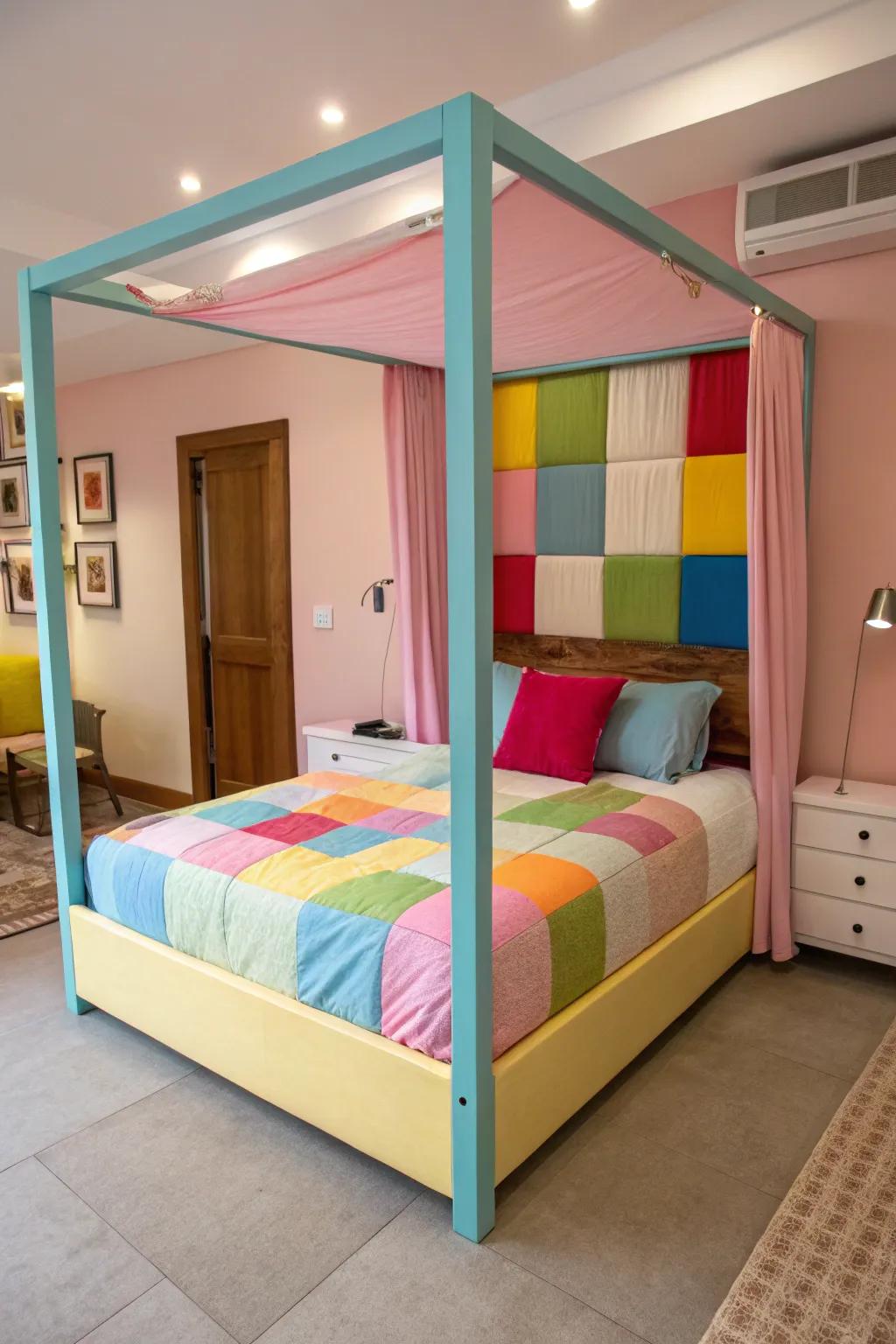 Color-blocking adds a dynamic flair to a draped bed.