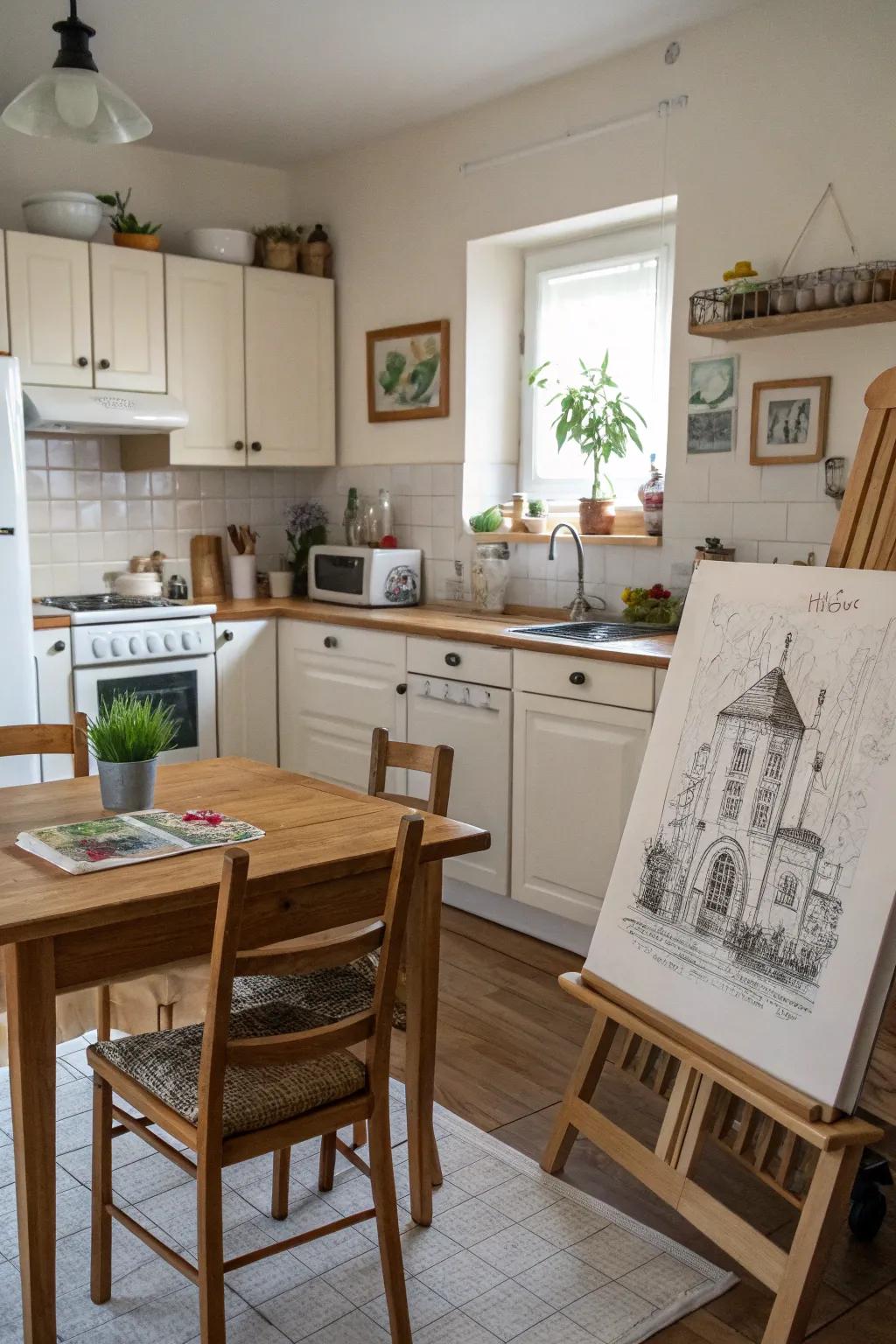 Canvas-inspired designs inside a soothing cooking space
