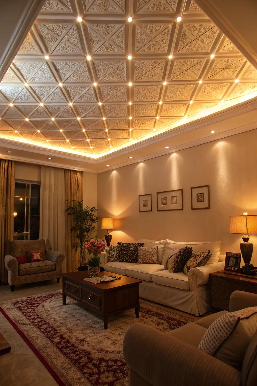 Illuminated ceiling panels create a cozy and dramatic ambiance.