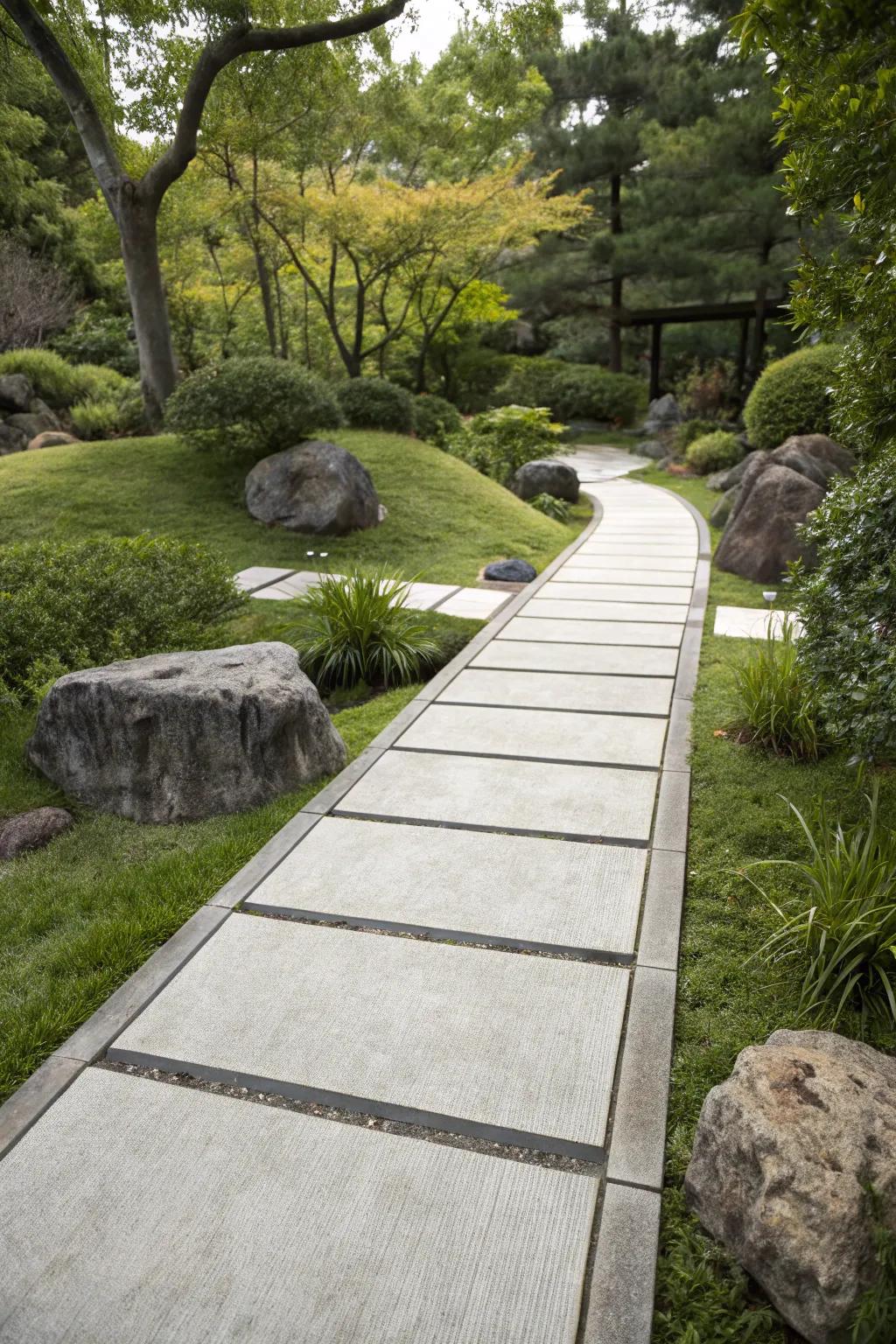 Zen-inspired concrete walkway, promising a serene garden journey.
