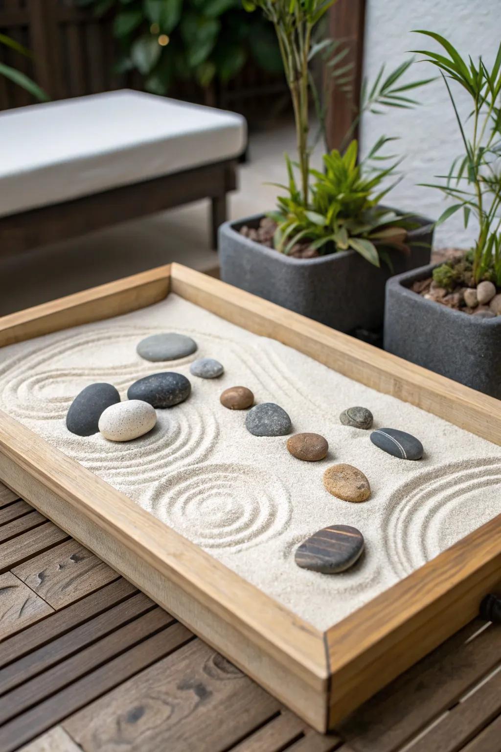 A mini Zen garden introduces serenity and calmness.