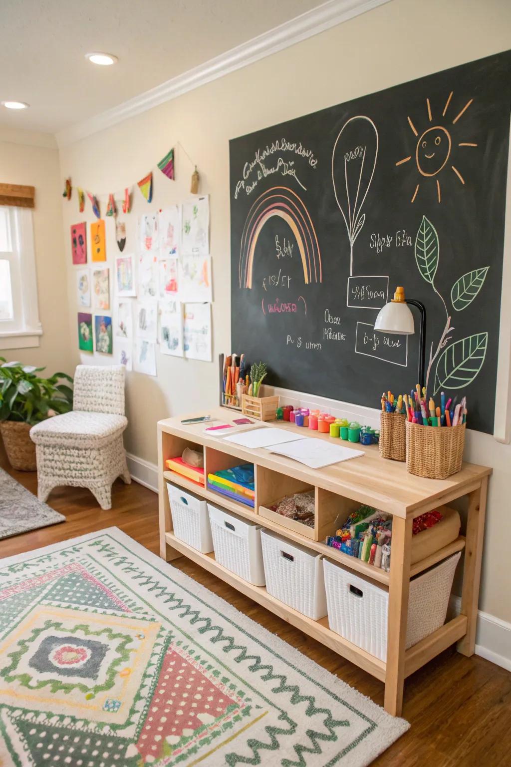 A craft station featuring a slate wall inspires ingenuity.
