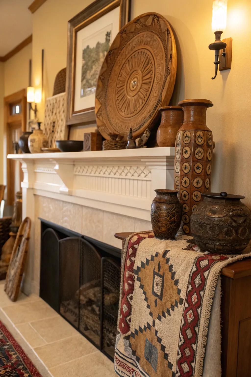 Artisan pieces upon the mantel inject warmth and a narrative of craftsmanship.