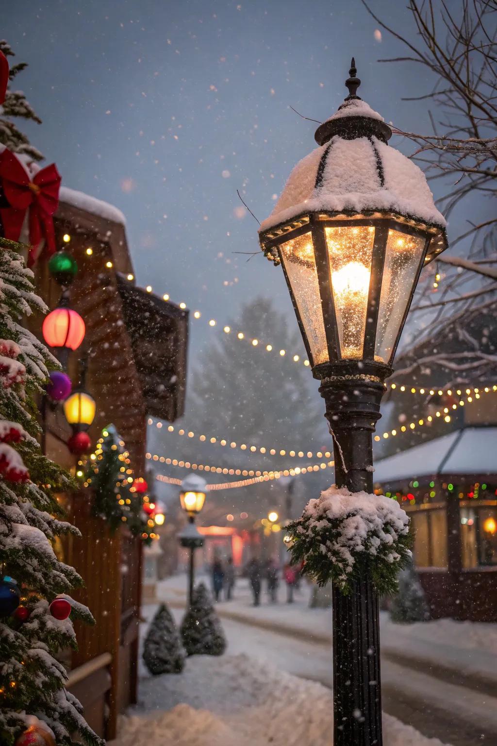 A snowfall effect enriches the festive aesthetic of a lamp post.