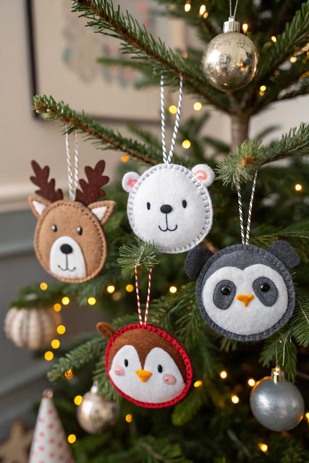 Felt animal decorations incorporating personality into a tree.