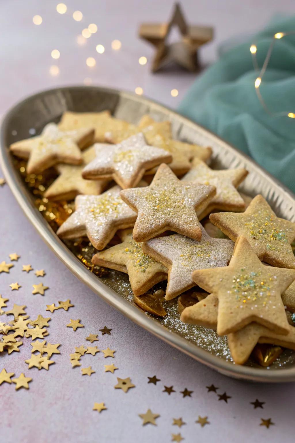 Celestial-themed platter with starry cookies.