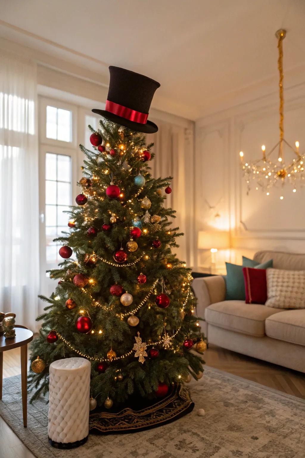 A festive top hat adds a quirky and sophisticated touch.
