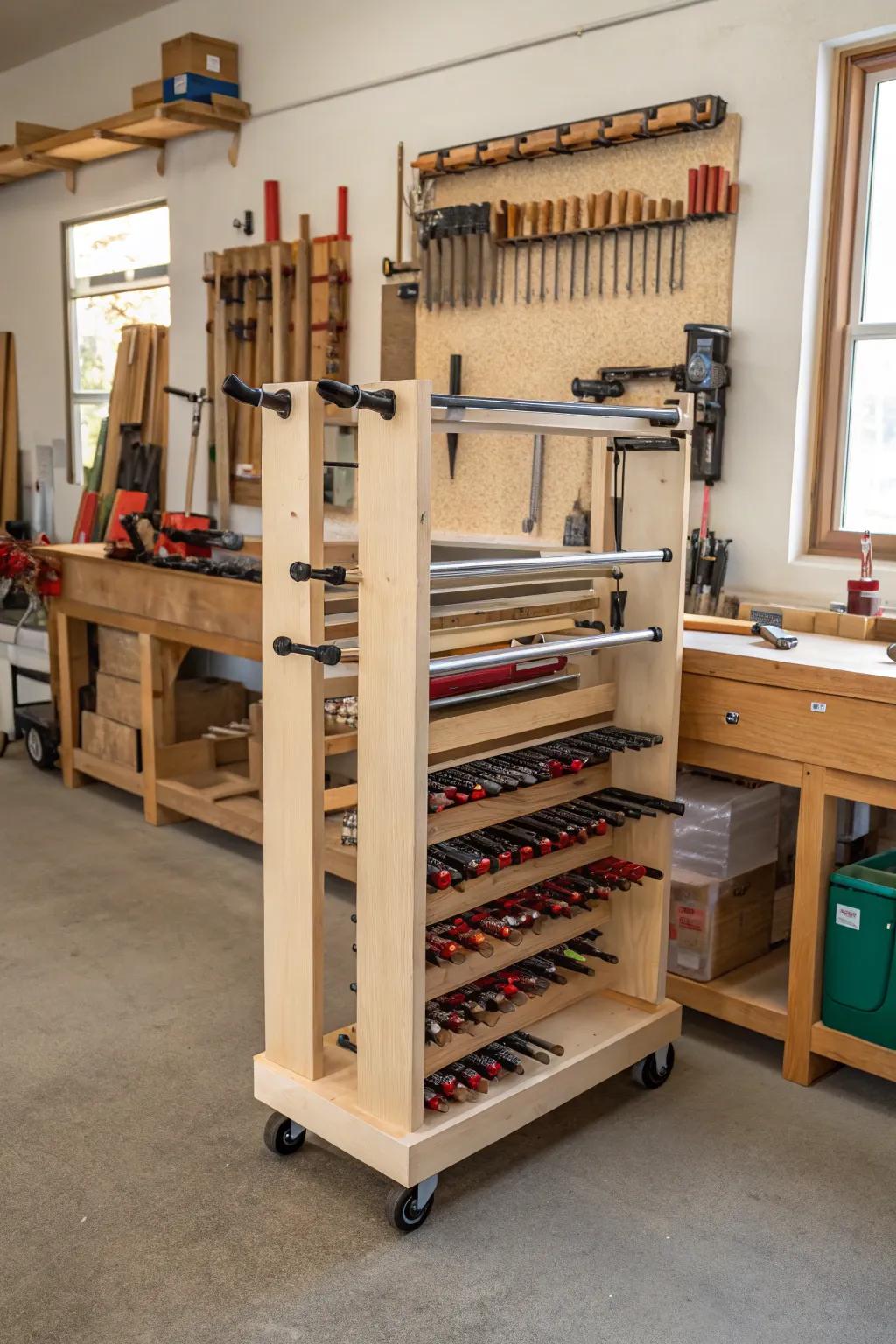 Rolling racks provide flexibility and ease of movement within a workshop.