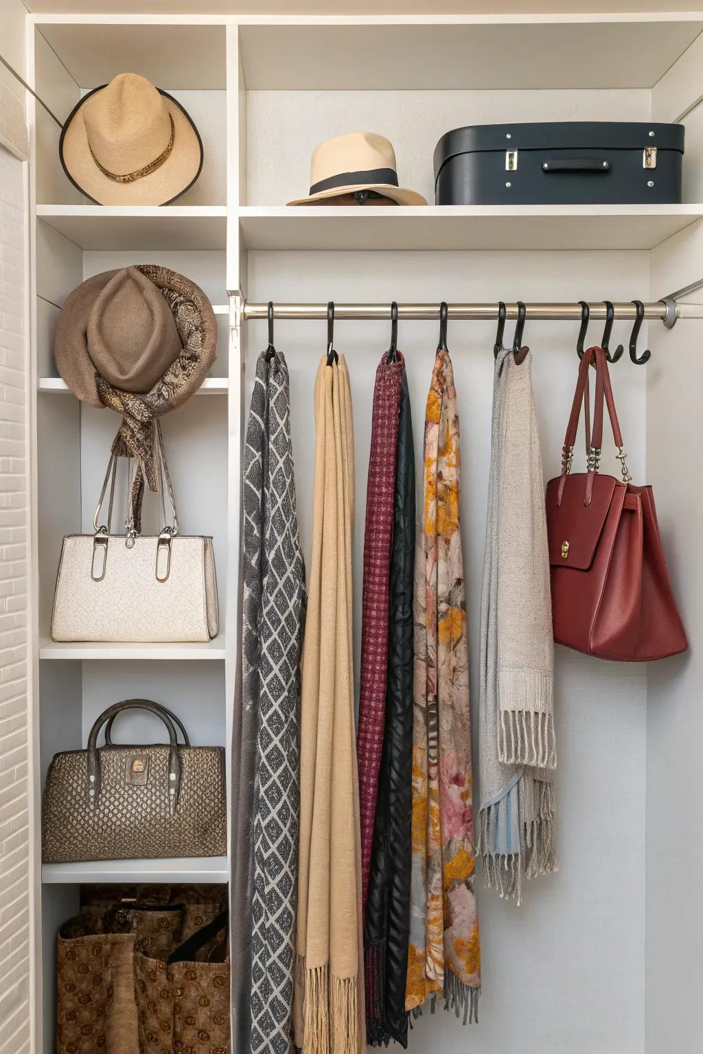 Integrated hooks provide versatile accessory storage options in closets.