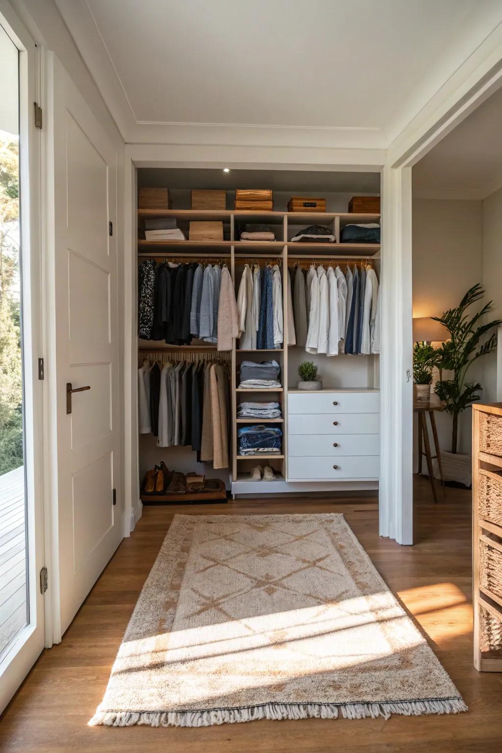 Rugs bring warmth and comfort to the closet area.