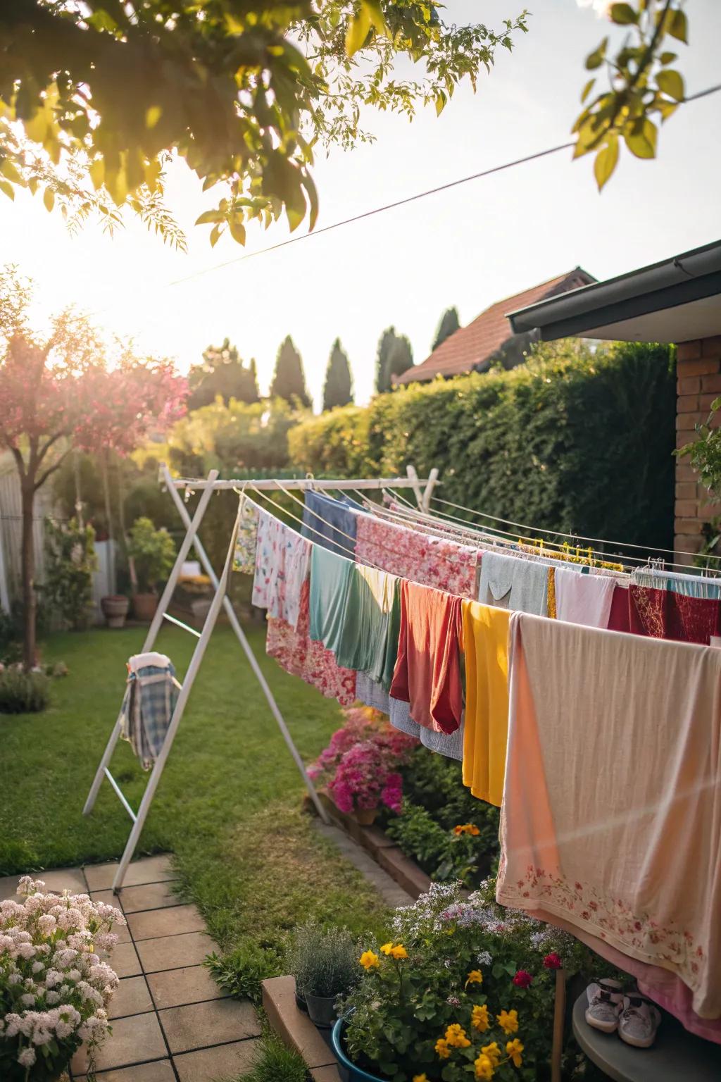 A multi-level clothesline offers plenty of drying space.