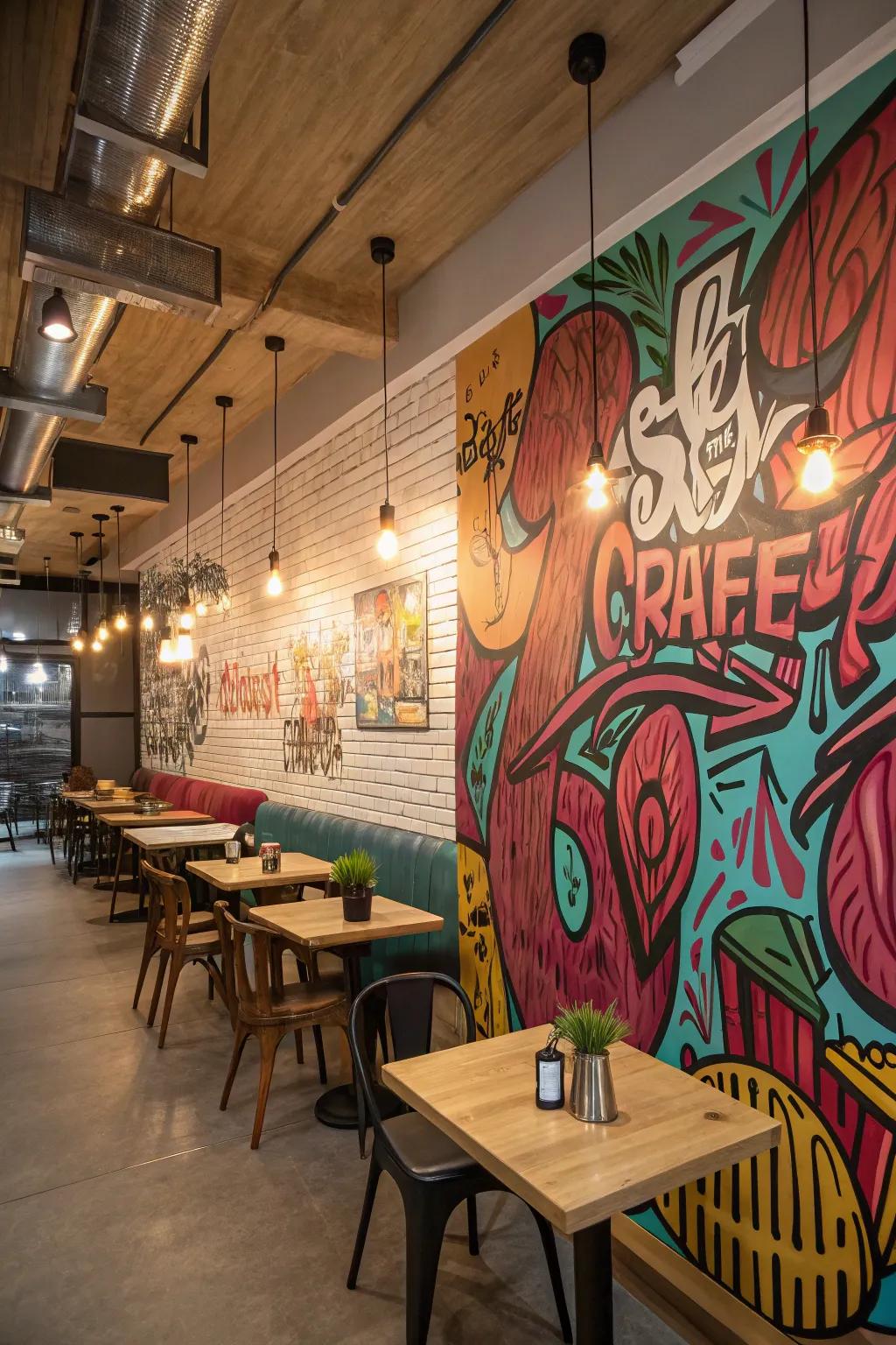 A trendy cafe with a feature wall displaying three-dimensional graffiti effects.