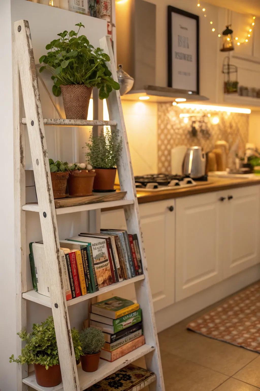 Ladder shelves offer vertical arrangement with a decorative accent.