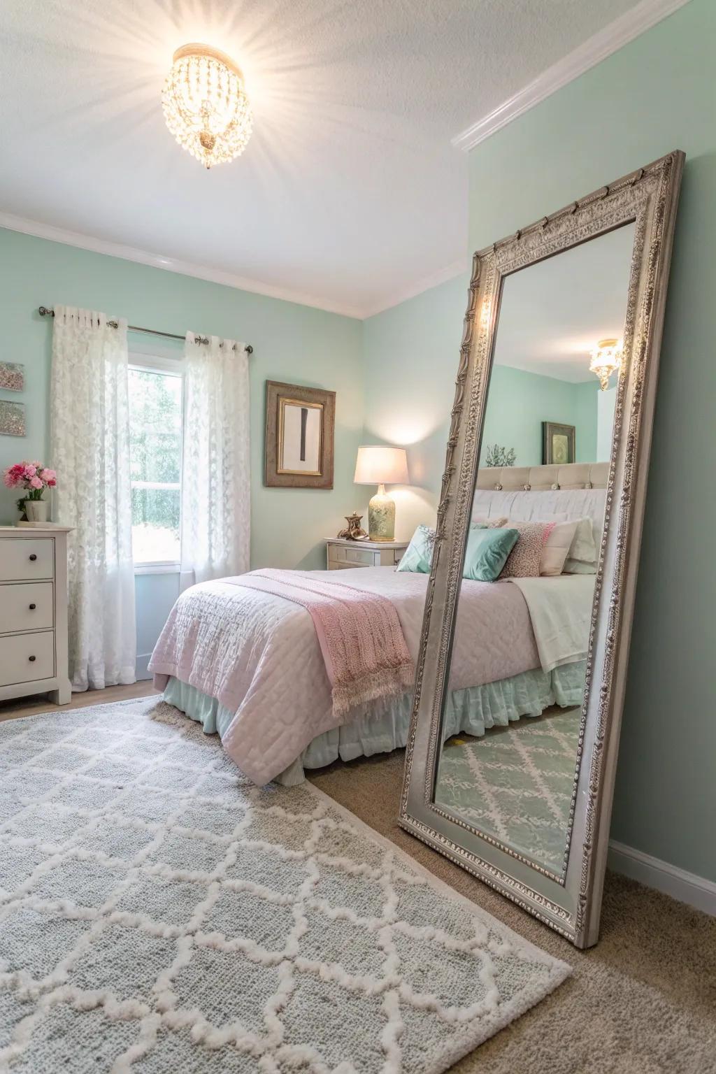A statement mirror enhances light and space in the bedroom.