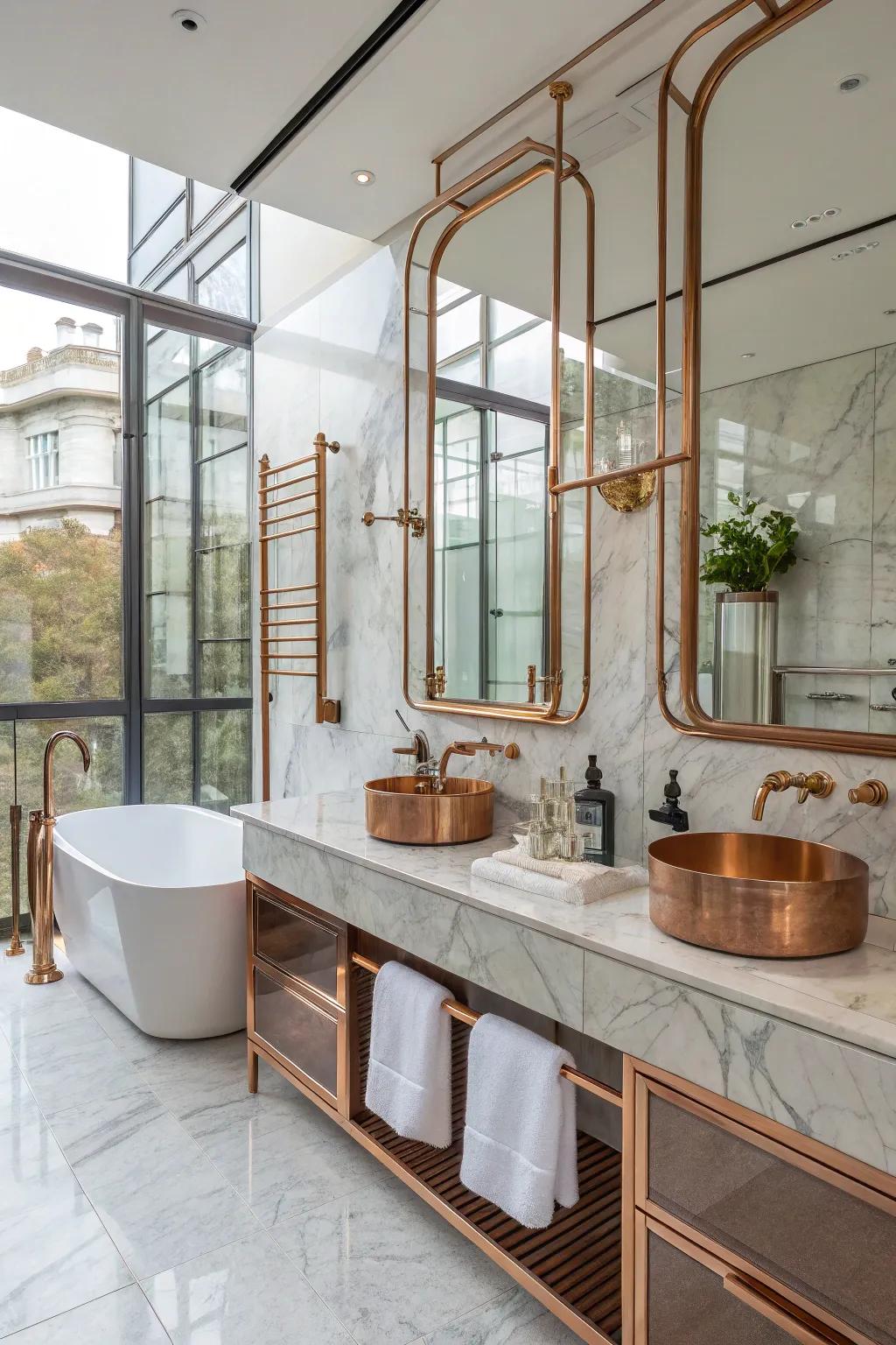 A stunning, modern mix is made with copper and glass.
