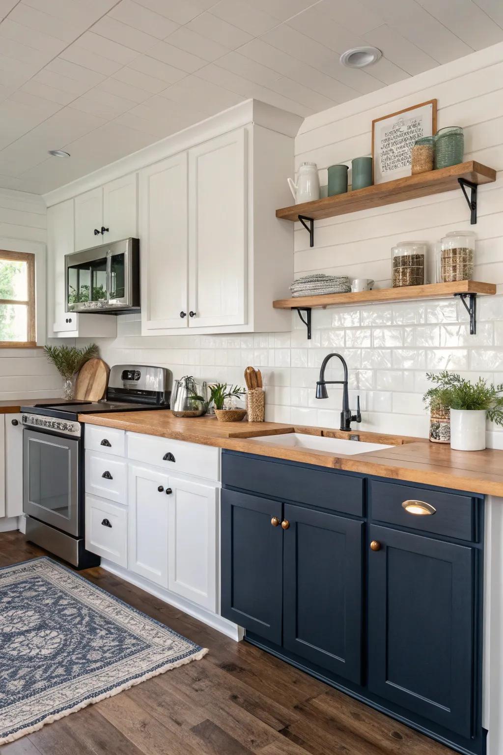Cabinets with contrasting shades introduce depth and style to this cooking area.